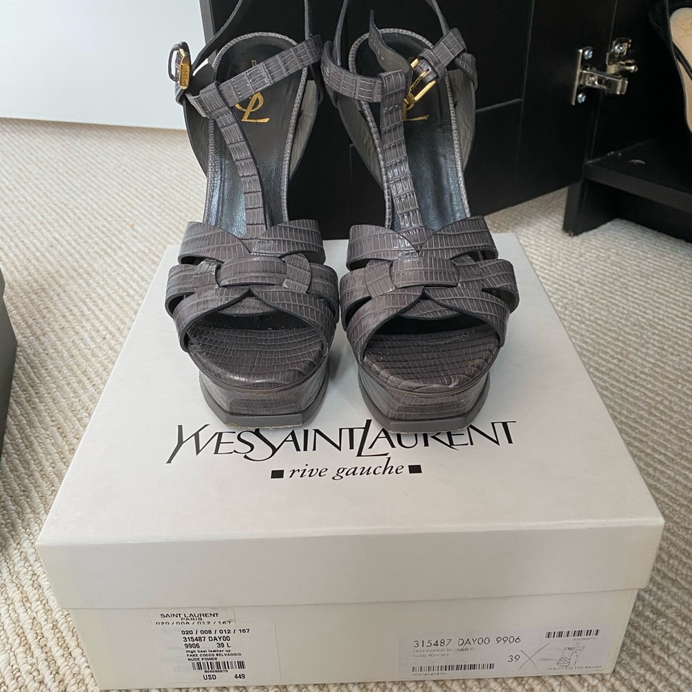 YSL Tribute Sandal Heel in Grey